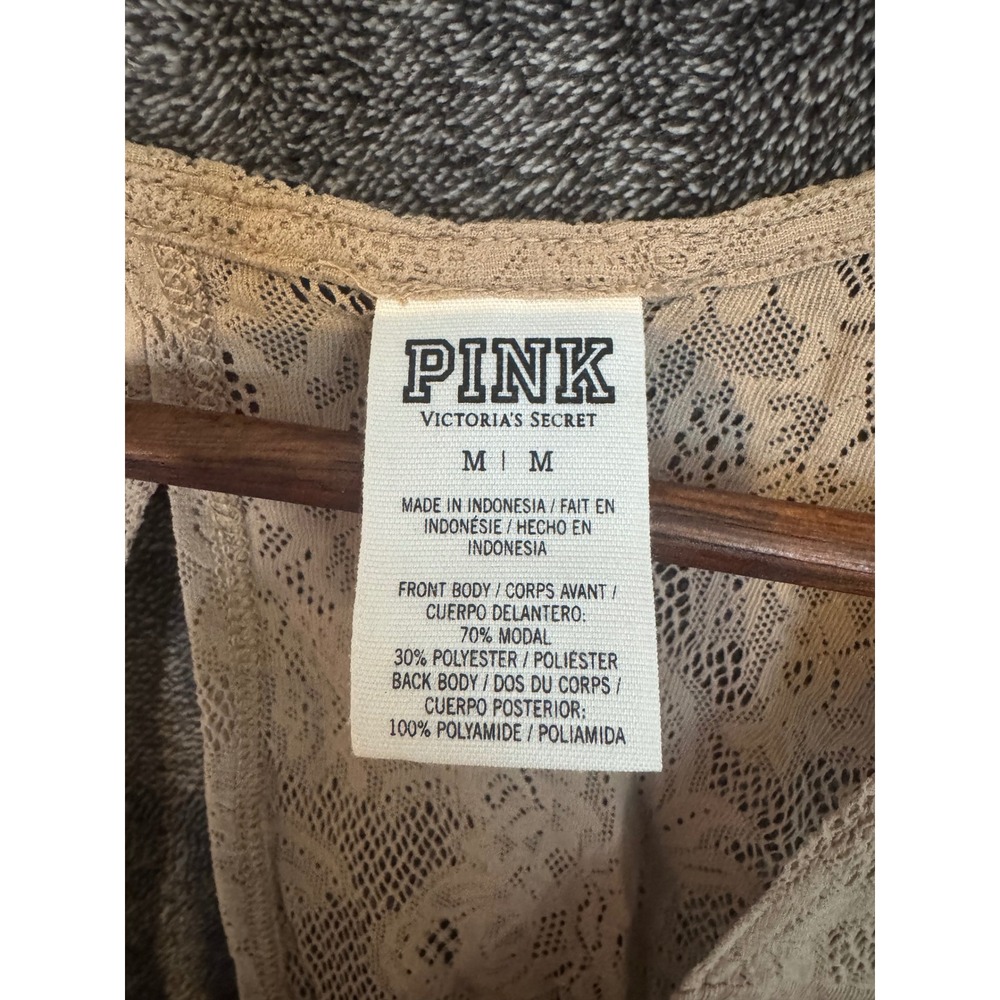 Victorias Secret PINK LaceBack TankTop Tan Graphic Logo Keyhole Racerback Medium - Picture 2 of 3